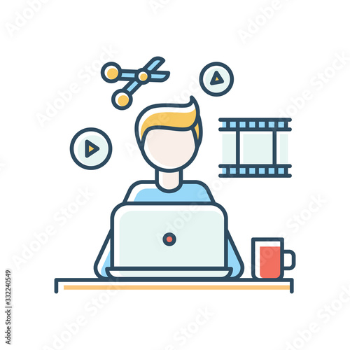 Video editor blue RGB color icon. Multimedia content creating, movie editing. Audio and video production, media files designing, records producing project. Isolated vector illustration