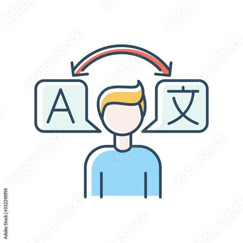 Translator blue RGB color icon. Foreign language freelance interpreter. Professional interpretation and translation, international communication, linguistics. Isolated vector illustration