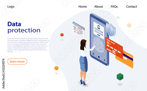 Banner with woman, credit cards, smartphone protect data, confidentiality. Biometric access control mobile bank via phone. Fingerprint screening security system concept. Confidential data protection
