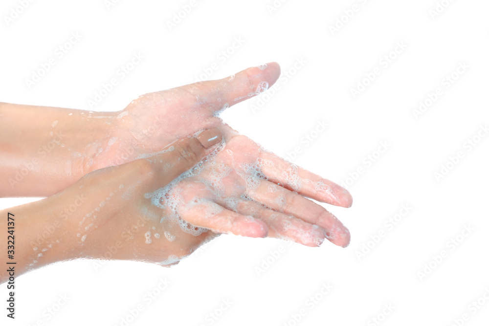 Close up of washing hands with soap isolated on white background Coronavirus prevention hand hygiene. Corona Virus pandemic protection by cleaning hands frequently. Close up of washing hands with soap isolated on white background Coronavirus prevention hand hygiene. Corona Virus pandemic protection by cleaning hands frequently.