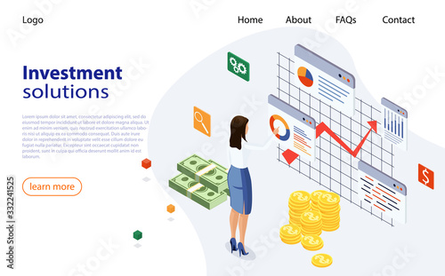 Landing page template of Investment Solutions. Bank development economics strategy. Business investment, business solution, analysis, innovative ideas. Ivestment analysis concept banner with female