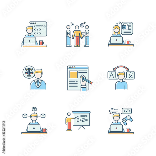 Freelance jobs RGB color icons set. Creative design and translation, teaching and copywriting. Legal services and PR management, web and game development. Isolated vector illustrations