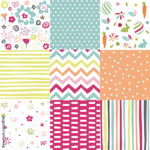 Spring, easter patterns. Vector seamless backgrounds.