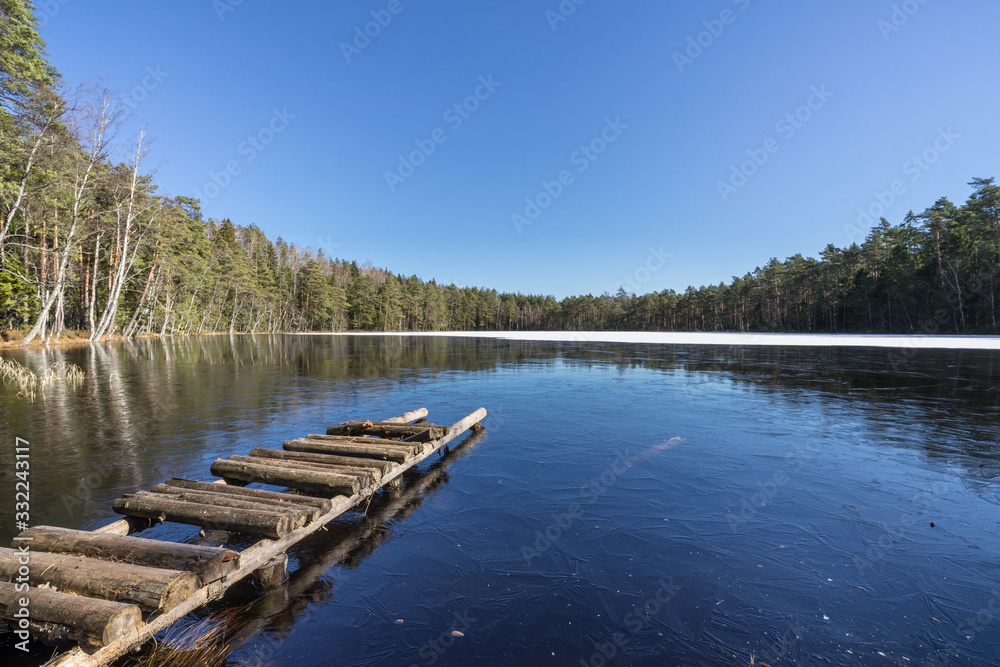 Small lake surrounded by tall trees that reflect in water. Perfect symmetry in clear pool. Thin ice layer on surface. Old boat bridge. Sunny afternoon in raised bog, Estonia, North Europe.