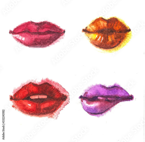 pink lips pattern. Watercolor background