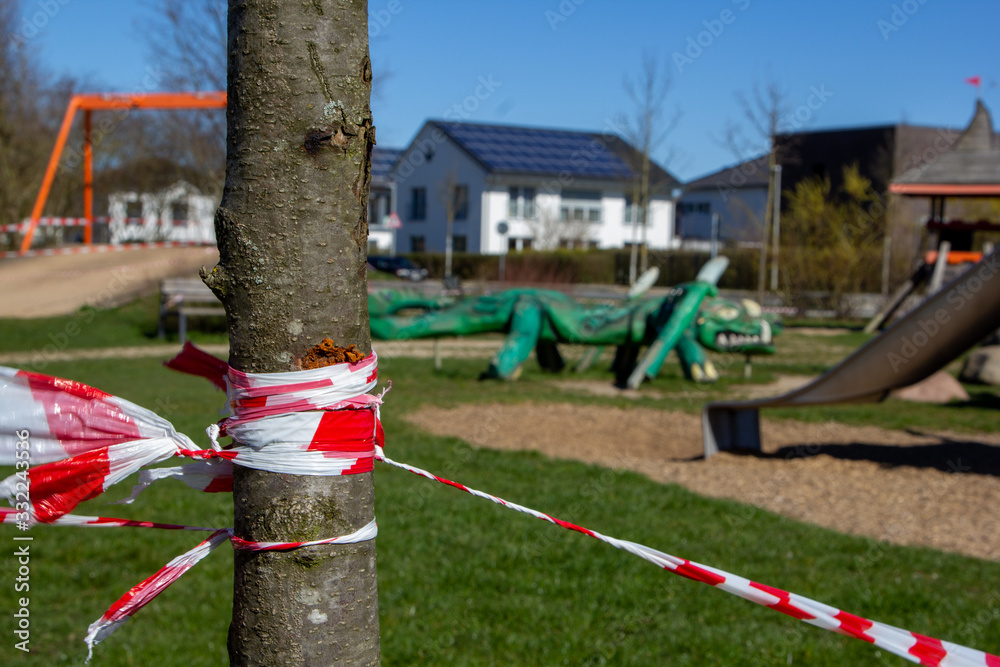 Playground cordoned off because of the corona virus. German word Spielplatz means playground Playground cordoned off because of the corona virus. German word Spielplatz means playground