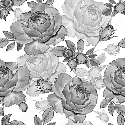 Black and white floral monochrome seamless pattern with flowers rose, buds and leaves. Hand drawn. For design textile, wallpapers, wrapping paper, prints. Vector stock illustration.
