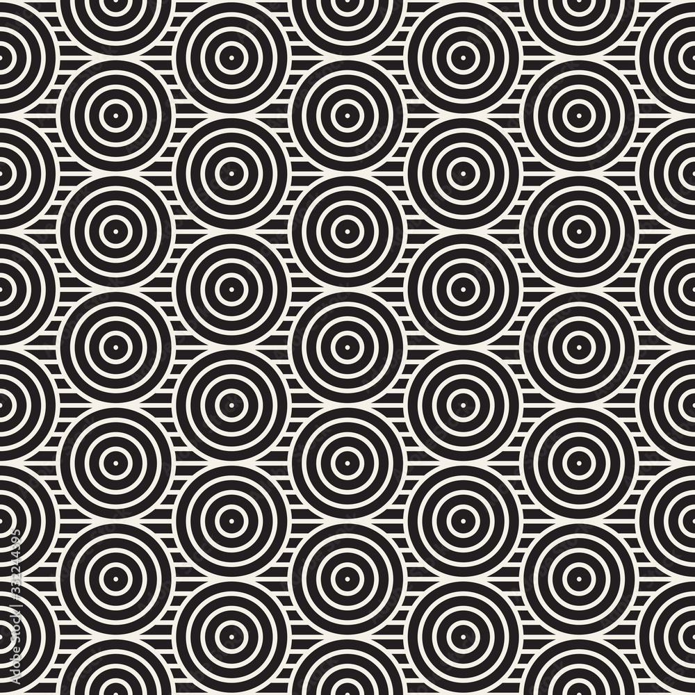 Seamless pattern with concentric circles and lines ornament. Elegant vector decorative background. Abstract geometric lattice design.