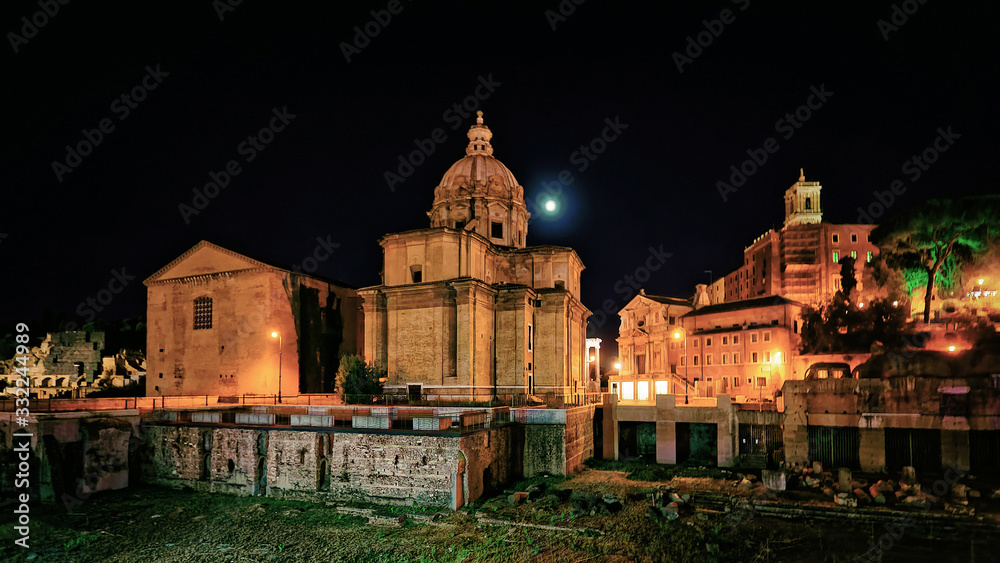 Ruins and Church of Trajan Forum in Rome in Italy