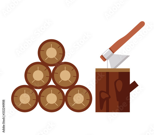 Cutting with ax firewood. Vector flat graphic cartoon illustration design