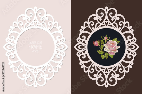 Laser cut lace round frame, vector template. Ornamental cutout photo frame with pattern. Vintage background with rose embroidery inside the cut out frame.