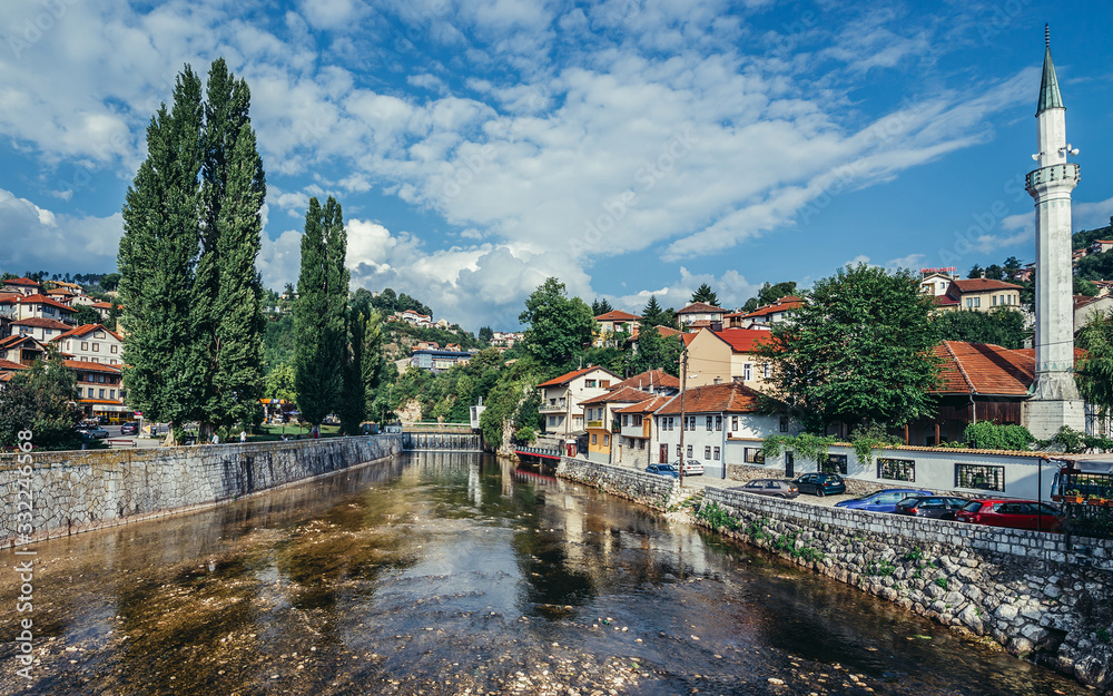 View of Miljacka River in Sarajevo city, Bosnia and Herzegovina