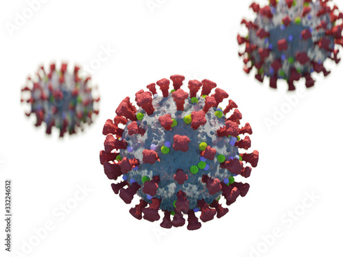 Isolated coronavirus COVID-19 3D illustration with red shapes on a gray transparent sphere shape in front of white background. Pandemic virus photo realistic illustration 
