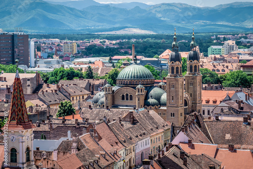 Bild auf Leinwand Old Town of Sibiu city seen from cathedral bell tower, view with St Mary Cathedr