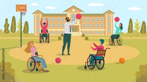 Teacher Playing Basketball with Kid in Wheelchair
