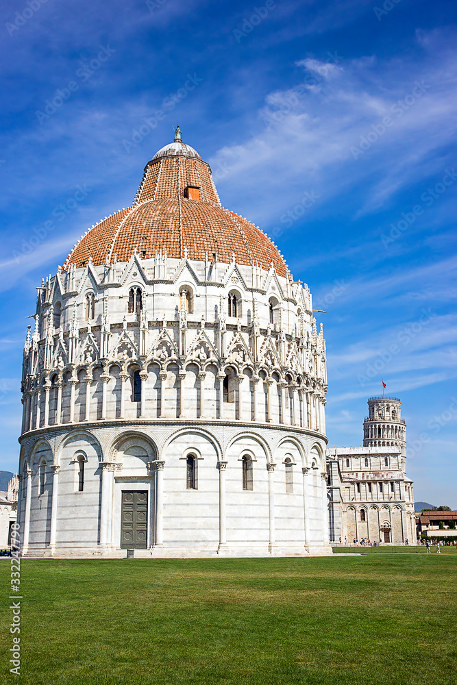 Pisa Leaning tower ad Baptistery in Italy in summer