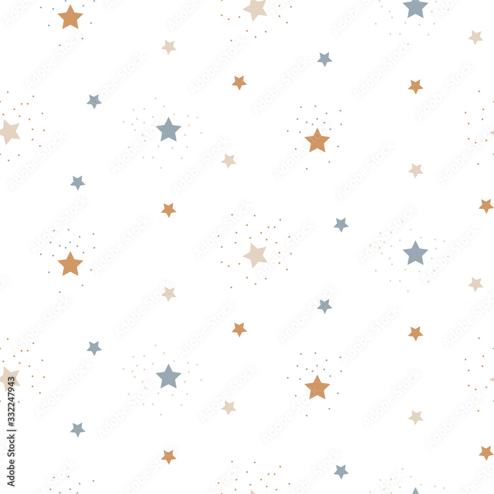 Star sky cute seamless vector pattern background blue and beige neutral shapes.