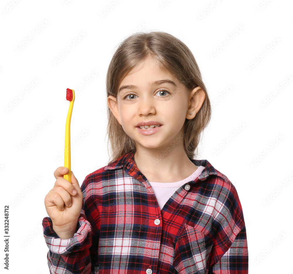 Cute little girl with toothbrush on white background Cute little girl with toothbrush on white background