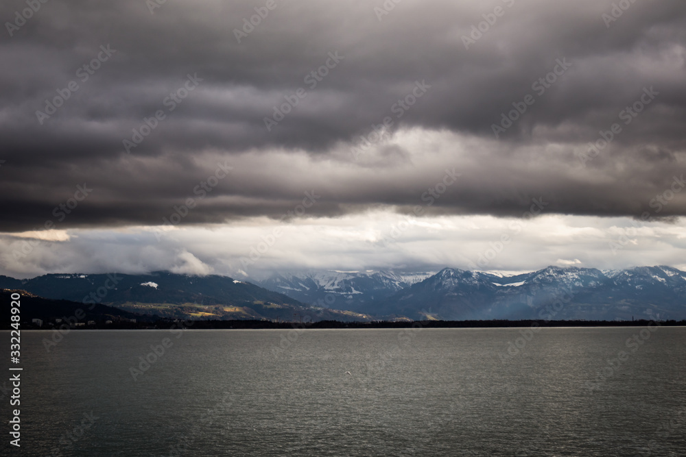 Bodensee lake with Alps mountains in the background. View from Lindau in Germany.