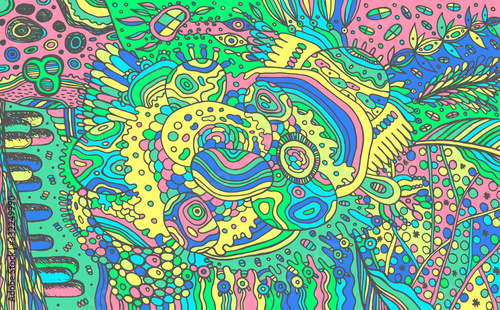 Abstract pattern. Organic elements - coloful cartoonish illustration. Psychedelic and stoner style. Doodle floral ornament. Art for relaxation. Line drawing. Vector artwork
