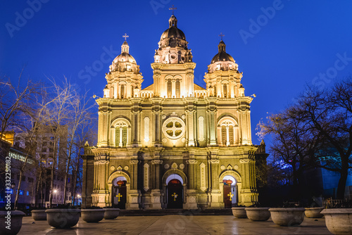 Evening view on a front facade of Roman St Joseph Church in Beijing city, China