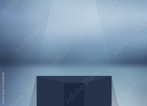 Realistic product showcase platform with spotlights. Triangle table with blue and clean abstract background. Banner for websites, social media and printing. Geometric product promotion stand.
