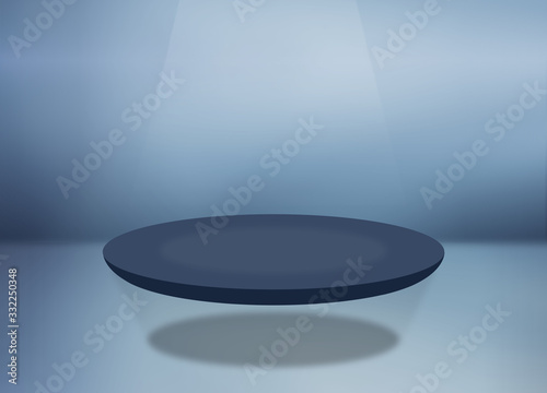 Realistic product exhibition platform with spotlights. Rounded table with blue and clean abstract background. Banner for websites, social media and printing. Product stage and background.