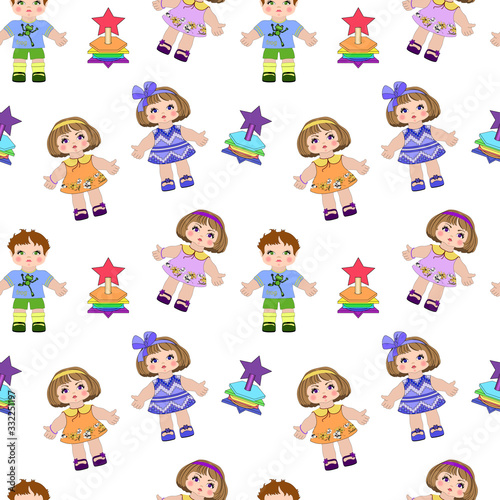 Vector seamless childish pattern with cute toys, dolls, pyramids, girls boys isolated on white background for the design of children's wallpapers, textiles, wrapping paper.