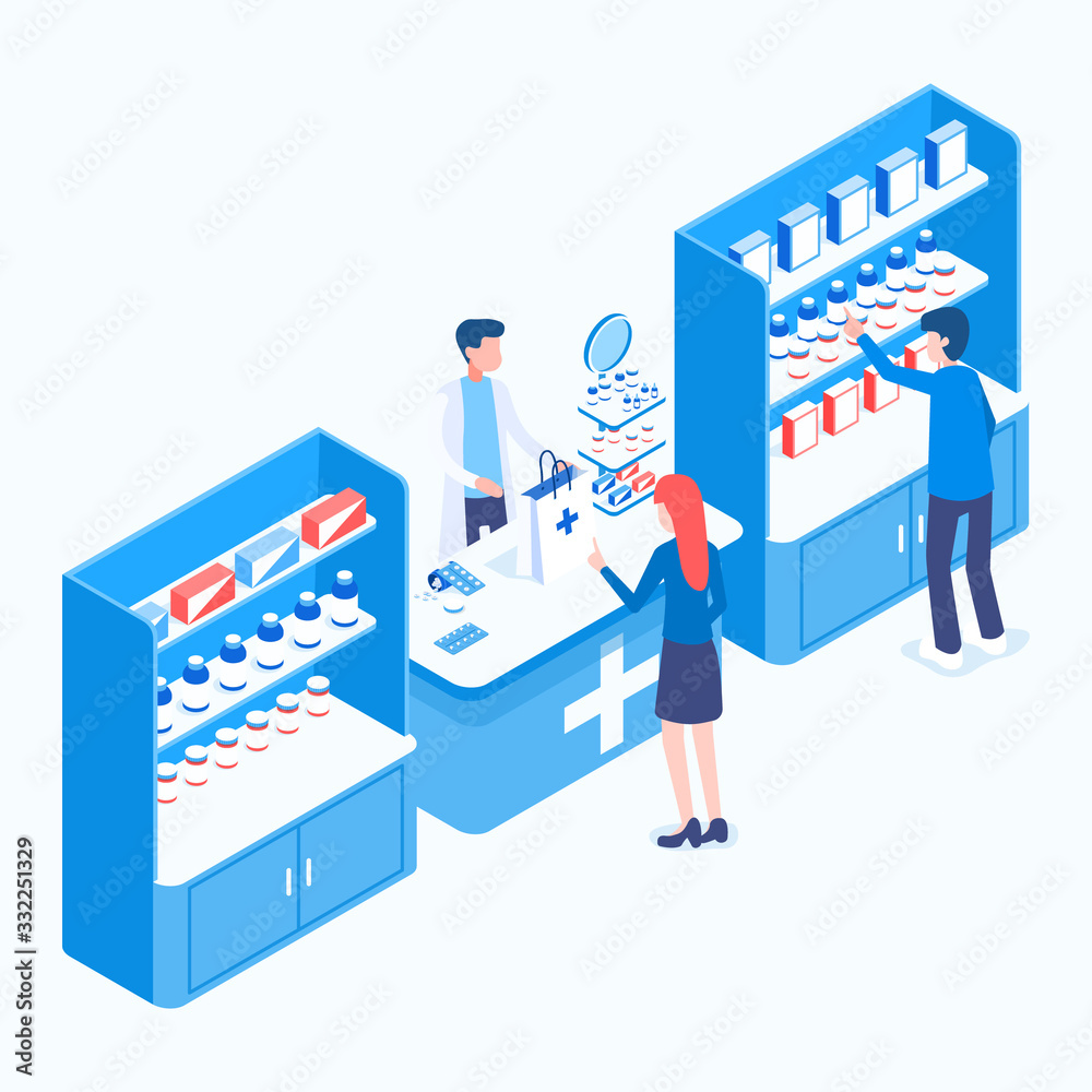 Concept of a blue pharmacy with seller and buyers. Various medicines and cold remedies isometric vector illustration