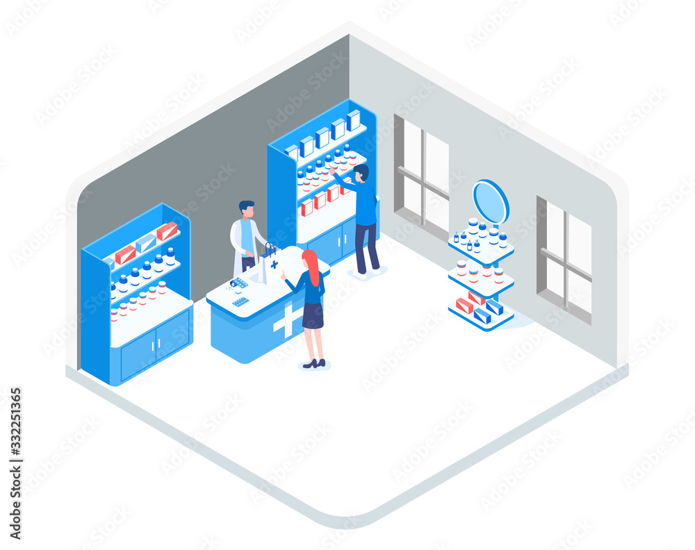 Concept of a blue pharmacy in a gray room with seller and buyers. Various medicines and cold remedies Concept of a blue pharmacy in a gray room with seller and buyers. Various medicines and cold remedies