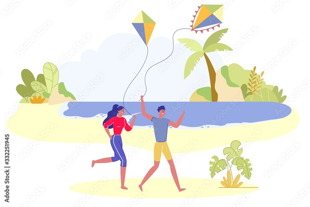 Couple Flying a Kite at Tropical Coast Background.