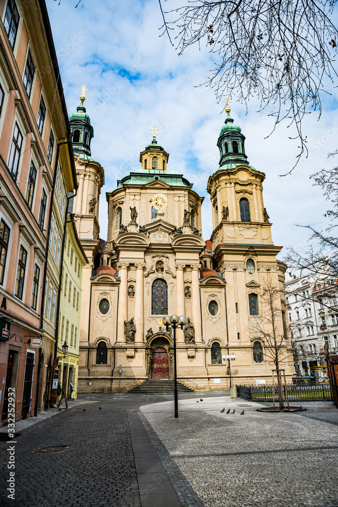 Prague, Czech republic - March 19, 2020. St. Nicholas Church in Old Town Square during coronavirus crisis and travel ban