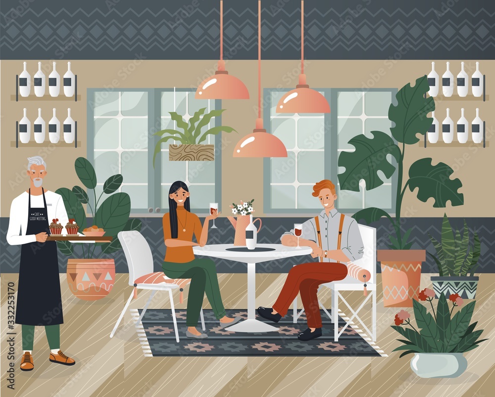 Cozy cafe, characters couple on date, woman and man sit in restaurant, male officer carry tea, coffee, flat vector illustration. Interior design for coffee shop. Web banner, webpage.