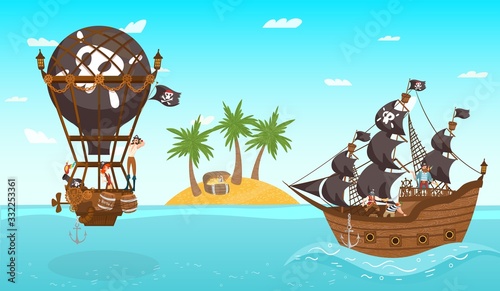 Characters male pirates command on air balloon fight vs ship, teamfight, water battle, tropical island, palm tree, gold treasure, sea and ocean shore, flat vector illustration. Design web banner.