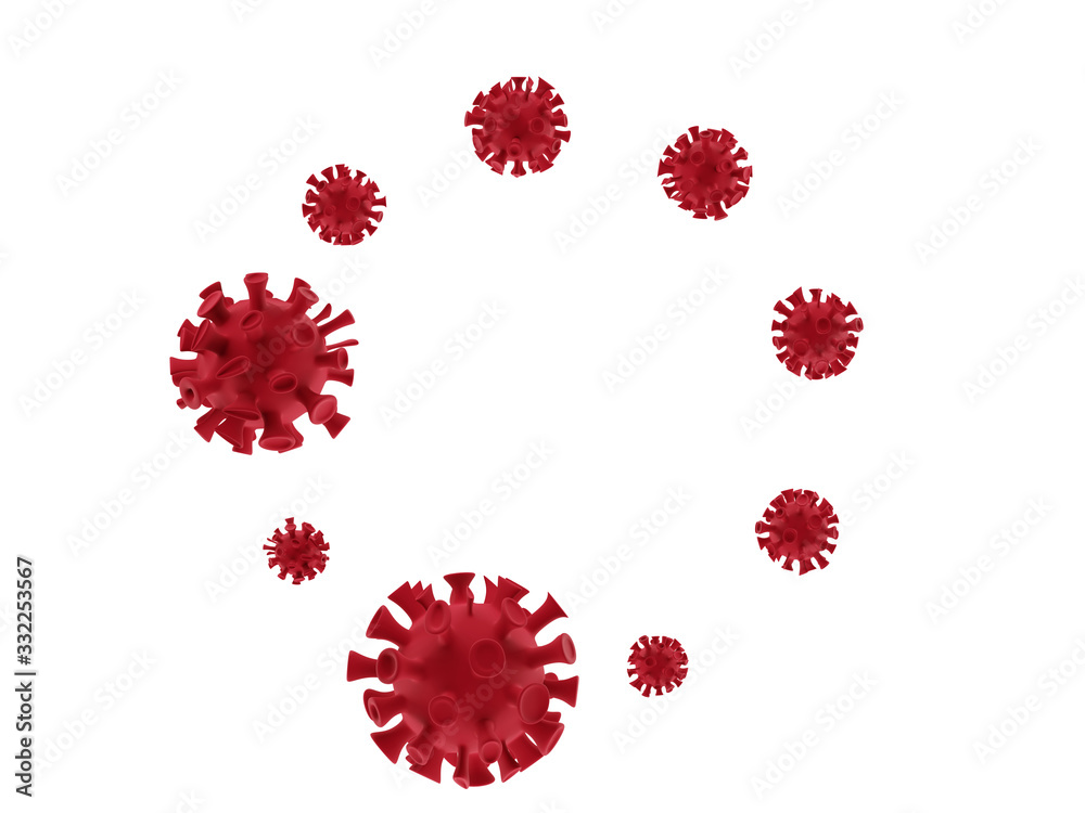 Coronavirus cell Covid-19 outbreak. 3D render Influenza background as red dangerous flu strain cases as a pandemic medical health risk concept.Floating China pathogen