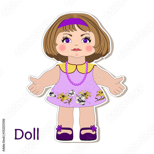 Vector sticker cartoon little cute doll girls child in a summer dress with butterflies for preschool and primary school children  greeting card  print  decoration  card  text doll  scrapbook