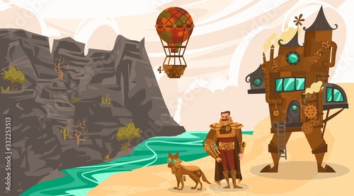 Character male, dog, transport steampunk airship and walking house, flat vector illustration. Air technology, gears, vintage design web banner, template. Mountain, lake, cloud sky.