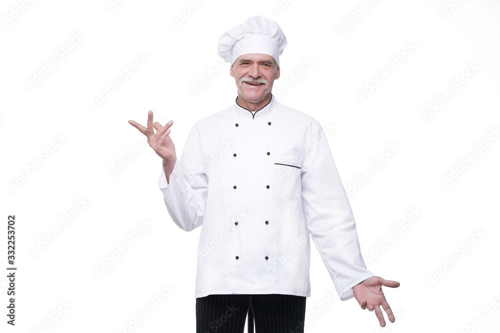 Elderly professional chef man, posing isolated over white background Elderly professional chef man, posing isolated over white background