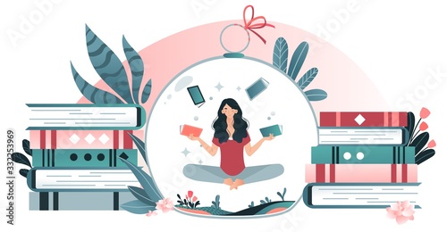 Character woman juggle book, diary, stack of booklet, isolated on white, flat vector illustration. Design for web banner. Female sit, levitates in circle bottle, flower, spring weather.