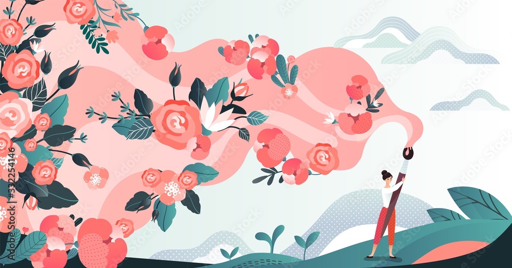 Character woman in field draw flower by brush, red blossom paint by female artist in grass place, flat vector illustration. Design for web banner, poster, postcard. Path of flowering. - obrazy, fototapety, plakaty 