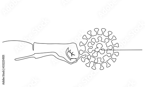 Medical staff fights coronavirus symbol. One line drawing