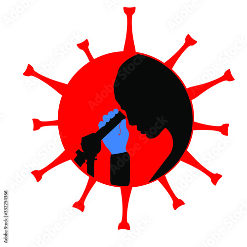 Silhouettes of a woman with a microscope. The study of caronovirus molecules.