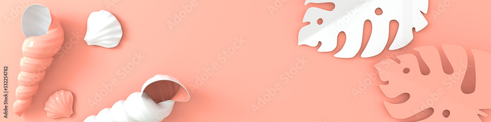 Seashell and golden tropical palm leaves background. 3d render illustration. Ocean fauna underwater nautilus shell. Summer image for postcard, horizontal banner, card. Seashell and golden tropical palm leaves background. 3d render illustration. Ocean fauna underwater nautilus shell. Summer image for postcard, horizontal banner, card.