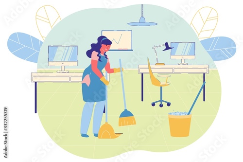 Cleaning Lady is Maintaining Order in Office.