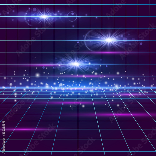 Disco floor, vintage dance background with neon illumination, lens flares, futuristic style light effect perspective. Party poster with strobing laser grid and stardust. Three dimensional banner.