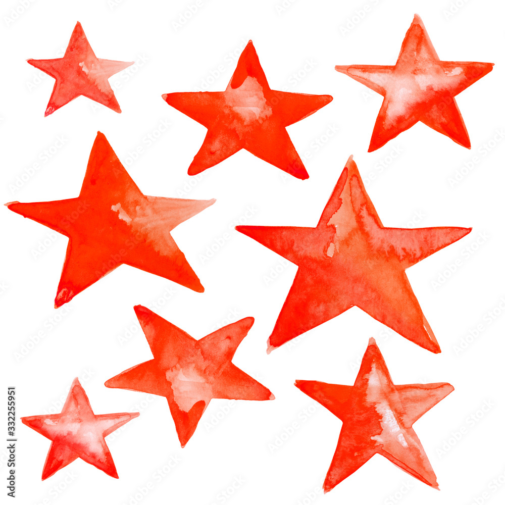 Hand painted set of stars in red ink watercolor illustration Hand painted set of stars in red ink watercolor illustration