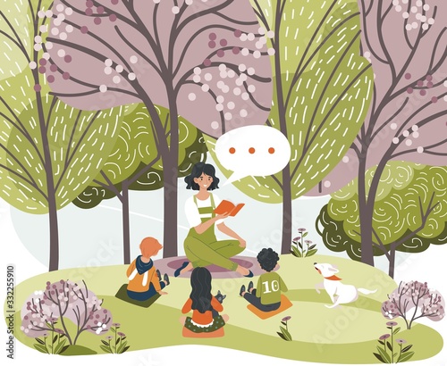 Female characters read book, tell story for children, woman, kids, dog sit forest, city park, grass place, vector illustration. Design web banner, template. Tree garden, cheerfully relax.