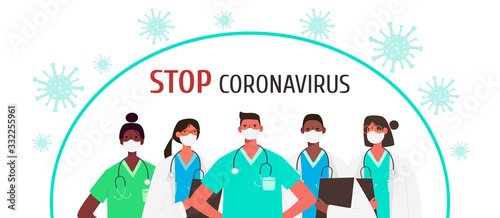 Coronavirus 2019-nCoV. Set of doctors characters in white medical face mask. Stop Coronavirus concept. Medical team doctor nurse therapist surgeon professional hospital workers, group of medics.