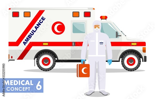 Medical concept. Detailed illustration of muslim arabian emergency doctor in protective suit and mask near ambulance car in flat style background. Virus, infection, epidemic, quarantine. Vector.