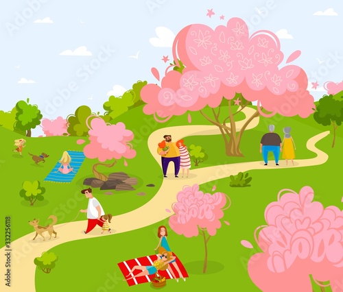 Spring city sakura park, characters people relax, train and walk dogs, family picnic, flat vector illustration, isolated on white background. Old people, man, woman, kid, runners, dog in outdoor park.